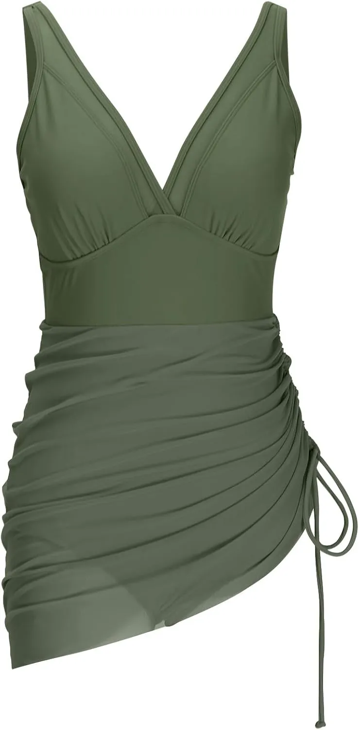 One Piece Swimsuit Women Swim Dress Slimming Push Up Mesh Sheer Bathing Suit Beach Short Sarong Wraps Swimwear