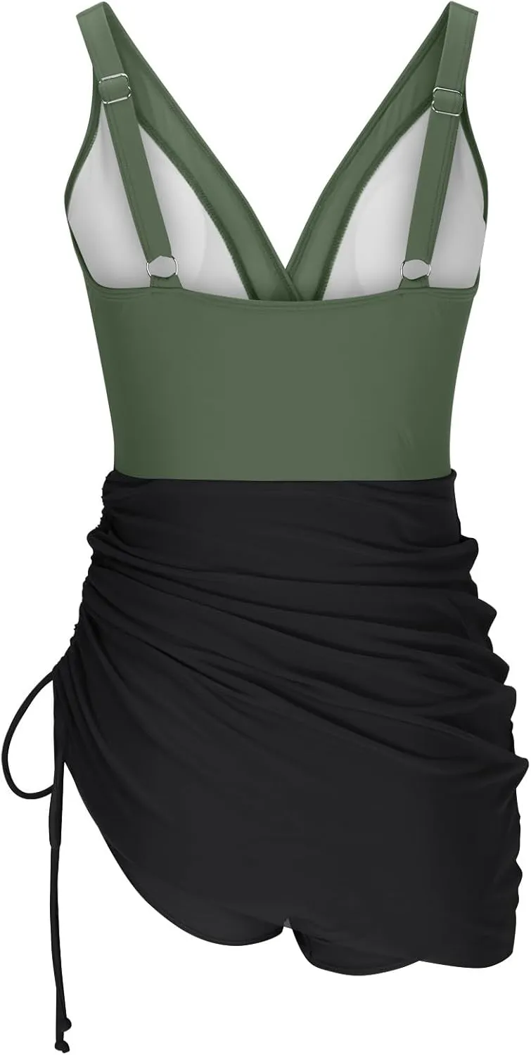 One Piece Swimsuit Women Swim Dress Slimming Push Up Mesh Sheer Bathing Suit Beach Short Sarong Wraps Swimwear