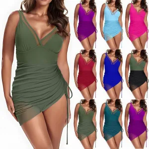 One Piece Swimsuit Women Swim Dress Slimming Push Up Mesh Sheer Bathing Suit Beach Short Sarong Wraps Swimwear