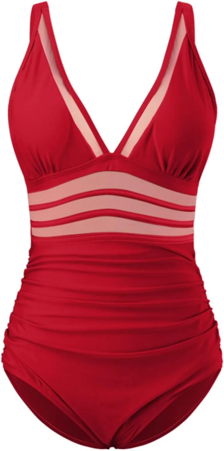 One Piece Swimsuit Women Tummy Control Sexy Mesh Bathing Suits Push Up Slimming Swimsuits Adjustable Strap Swimwear