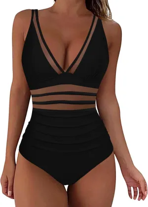 One Piece Swimsuit Womens Sexy Mesh One Piece Swimsuits Tummy Control Bathing Suit Push Up V Neck High Waist Swimwear