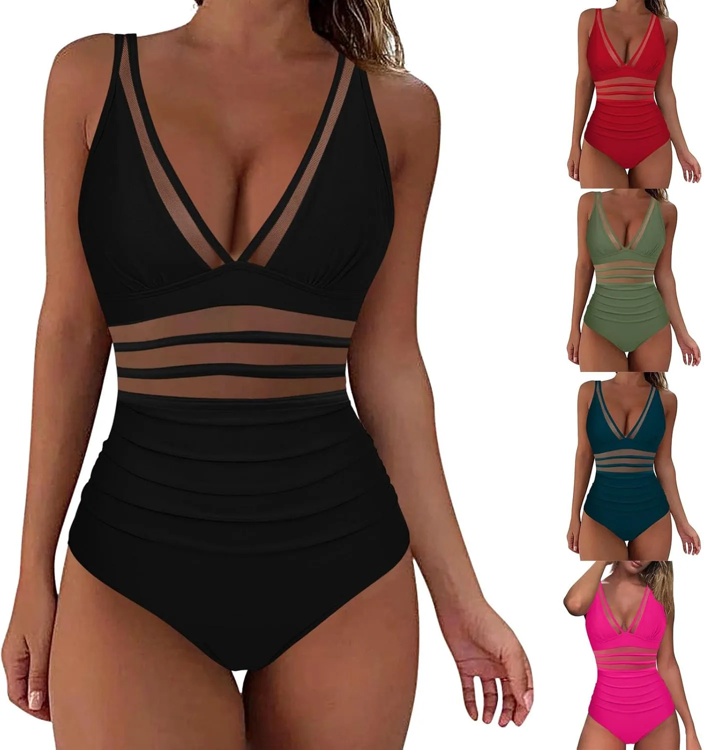 One Piece Swimsuit Womens Sexy Mesh One Piece Swimsuits Tummy Control Bathing Suit Push Up V Neck High Waist Swimwear