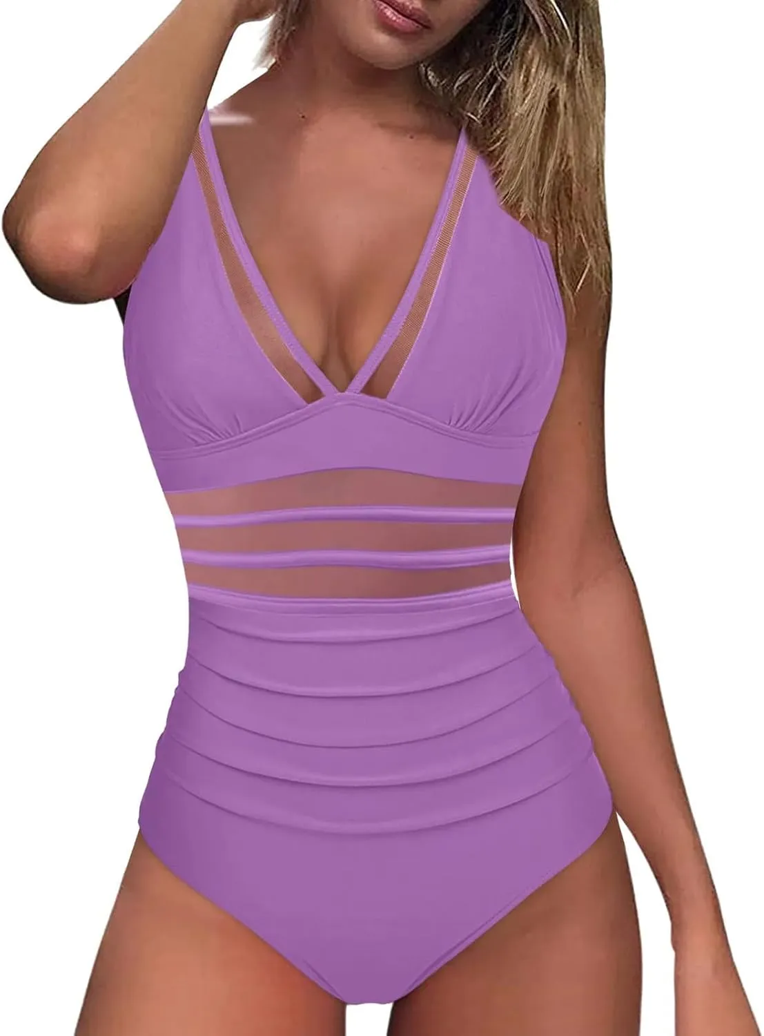 One Piece Swimsuit Womens Sexy Mesh One Piece Swimsuits Tummy Control Bathing Suit Push Up V Neck High Waist Swimwear