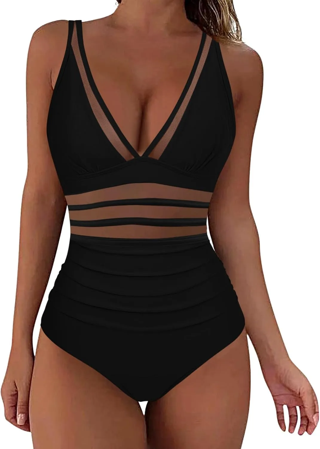 One Piece Swimsuit Womens Sexy Mesh One Piece Swimsuits Tummy Control Bathing Suit Push Up V Neck High Waist Swimwear