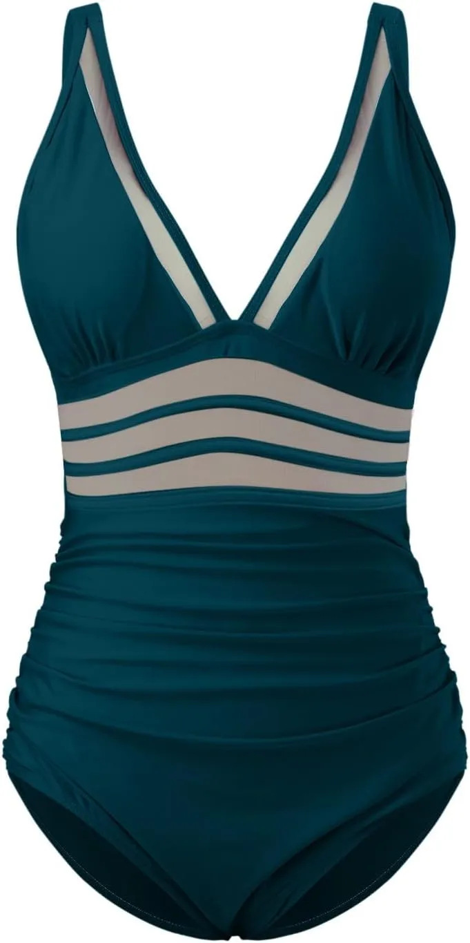 One Piece Swimsuit Womens Sexy Mesh One Piece Swimsuits Tummy Control Bathing Suit Push Up V Neck High Waist Swimwear