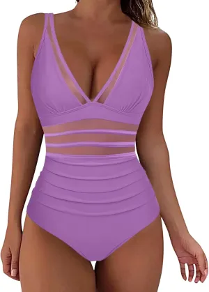 One Piece Swimsuit Womens Sexy Mesh One Piece Swimsuits Tummy Control Bathing Suit Push Up V Neck High Waist Swimwear