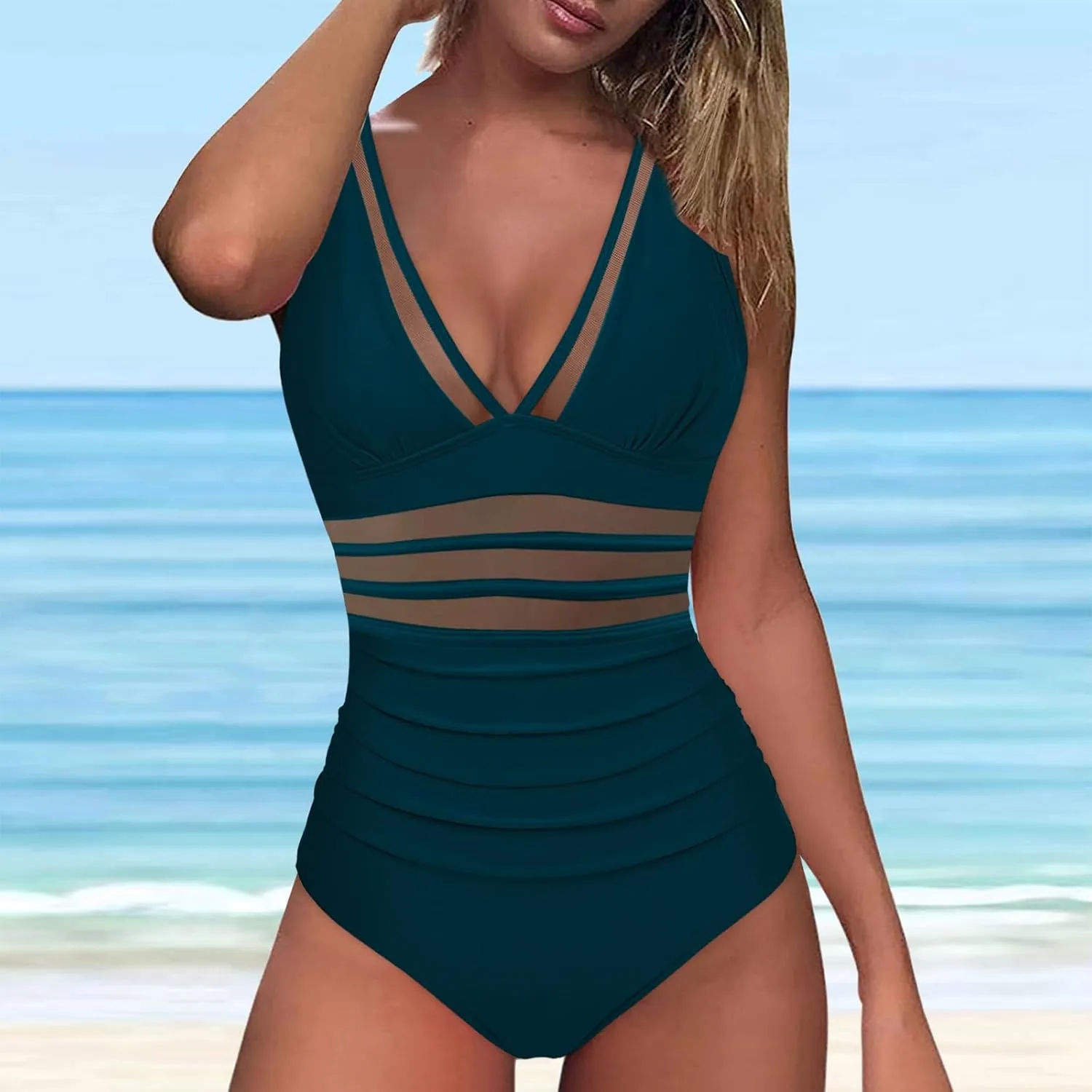 One Piece Swimsuit Womens Sexy Mesh One Piece Swimsuits Tummy Control Bathing Suit Push Up V Neck High Waist Swimwear
