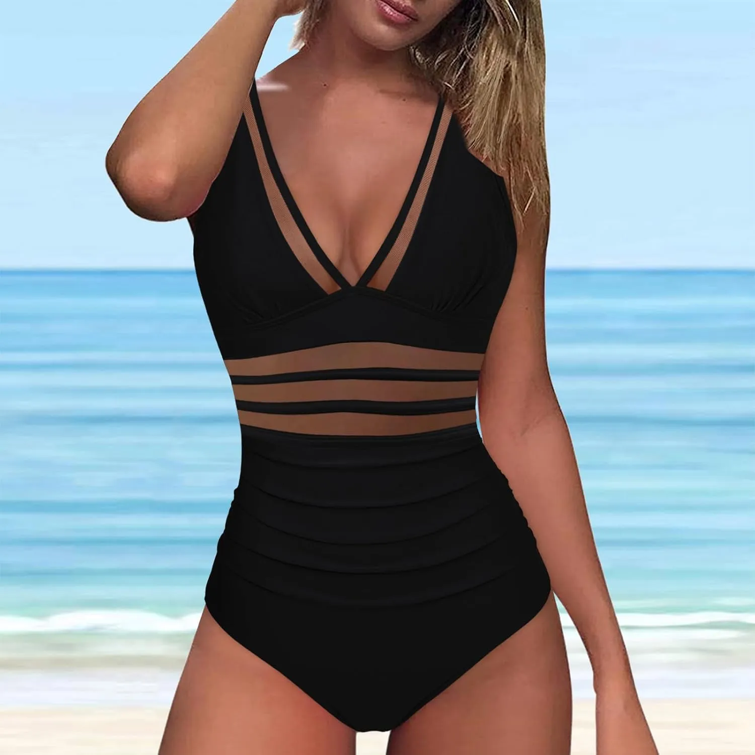 One Piece Swimsuit Womens Sexy Mesh One Piece Swimsuits Tummy Control Bathing Suit Push Up V Neck High Waist Swimwear