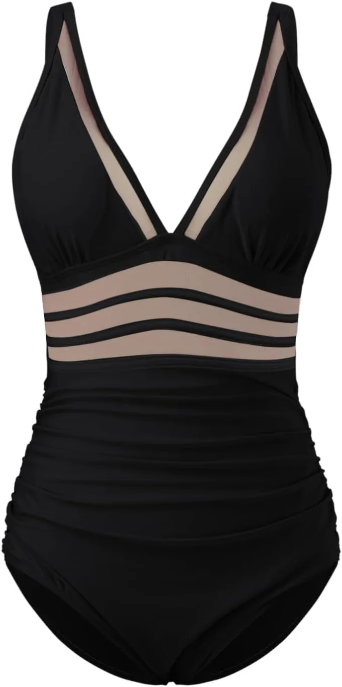 One Piece Swimsuit Womens Sexy Mesh One Piece Swimsuits Tummy Control Bathing Suit Push Up V Neck High Waist Swimwear