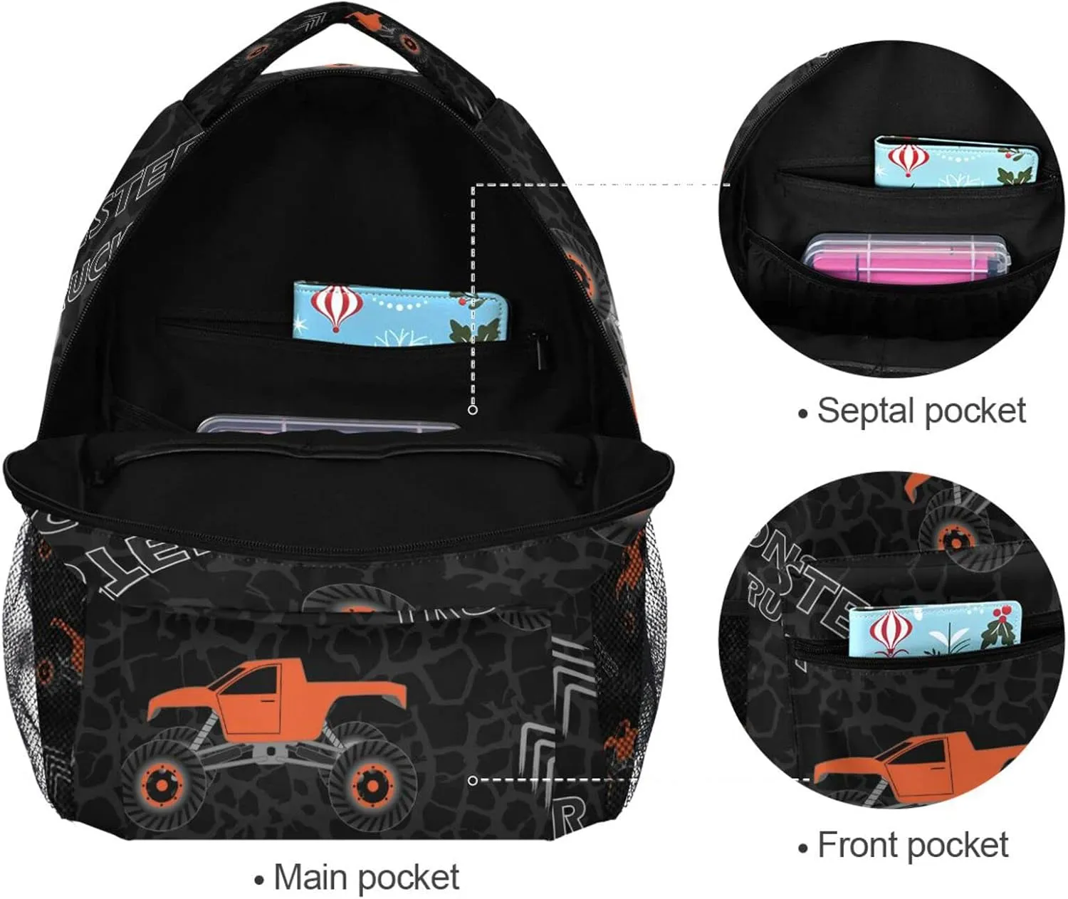 Orange Monster Truck Boys Girls Kids School Backpacks Bookbag, Elementary School Bag Travel Backpack Daypack