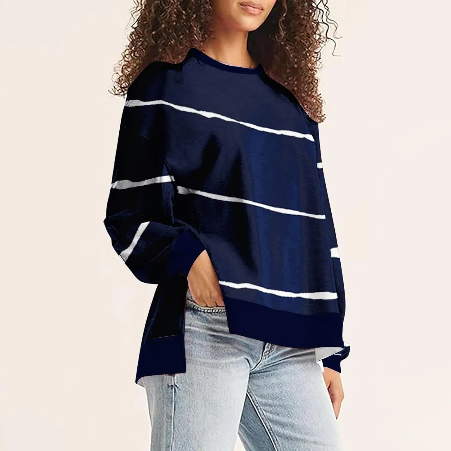 Oversized Striped Sweatshirts for Women Loose Side Slit High Low Hem Pullover Sweatshirts Autumn Casual Sports Hoodie