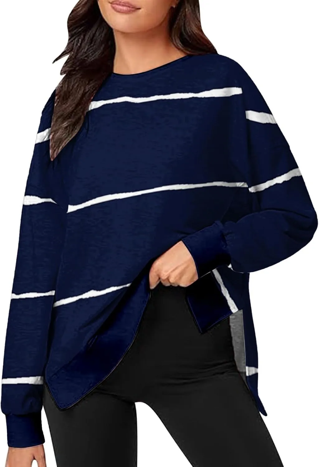 Oversized Striped Sweatshirts for Women Loose Side Slit High Low Hem Pullover Sweatshirts Autumn Casual Sports Hoodie