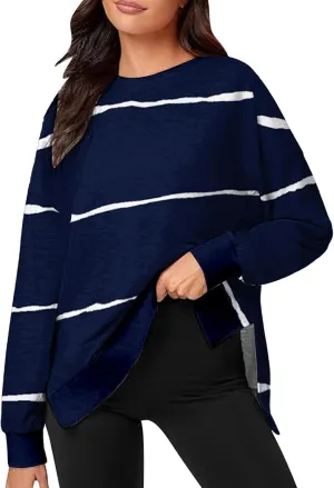 Oversized Striped Sweatshirts for Women Loose Side Slit High Low Hem Pullover Sweatshirts Autumn Casual Sports Hoodie