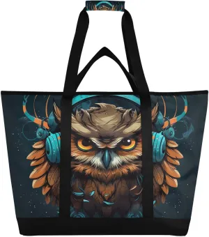 Owl Music Tote Bag for Women with Zipper Reusable Grocery Bags Foldable Insulated Cooler Bag Shopping Bags Handbags Totes for Groceries Picnic Travel Beach Work