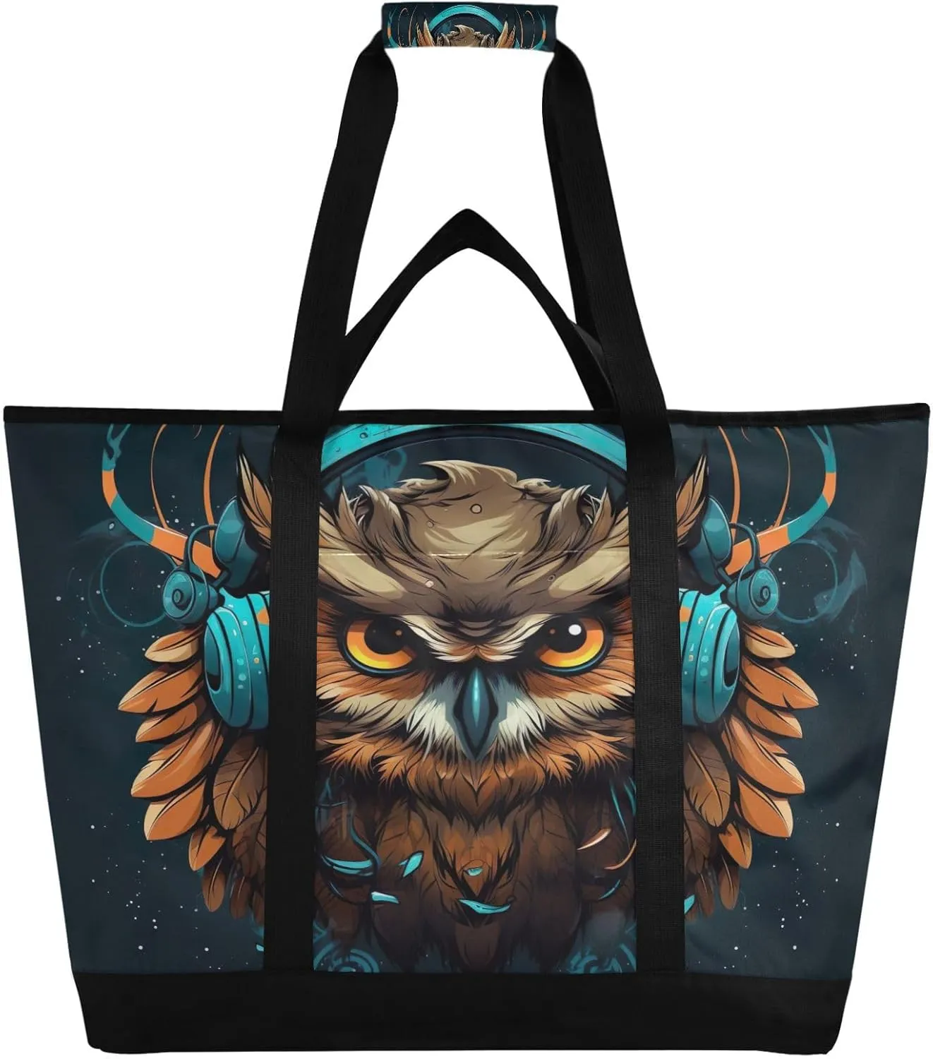 Owl Music Tote Bag for Women with Zipper Reusable Grocery Bags Foldable Insulated Cooler Bag Shopping Bags Handbags Totes for Groceries Picnic Travel Beach Work