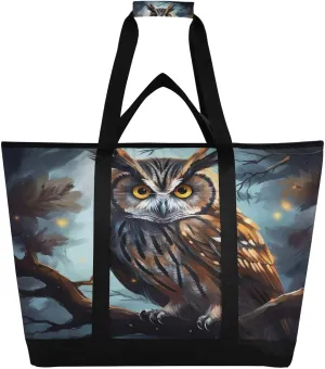Owl Night Tote Bag for Women with Zipper Reusable Grocery Bags Foldable Insulated Cooler Bag Shopping Bags Totes Handbags for Groceries Beach Picnic Travel Work