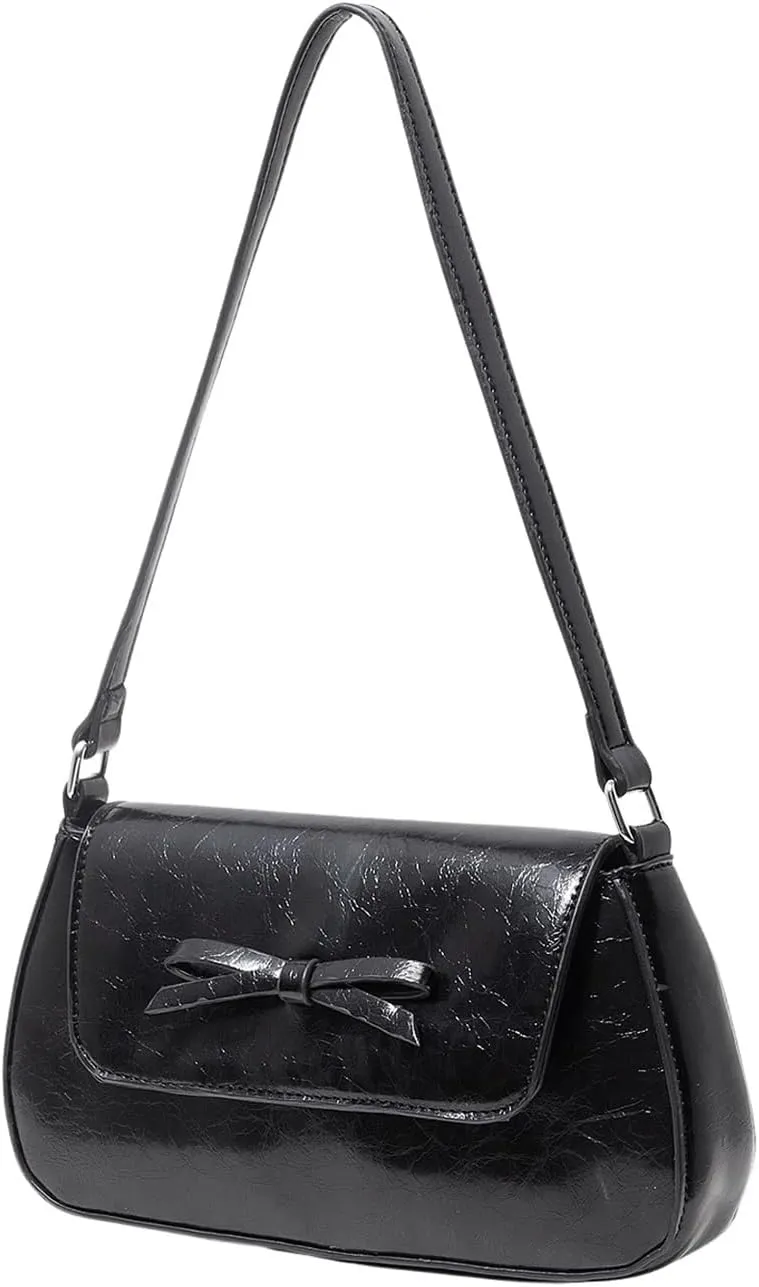 OYOANGLE Women's PU Leather Flap Shoulder Bag Bow Elegant Underarm Bags Vintage Clutch Purse Handbags