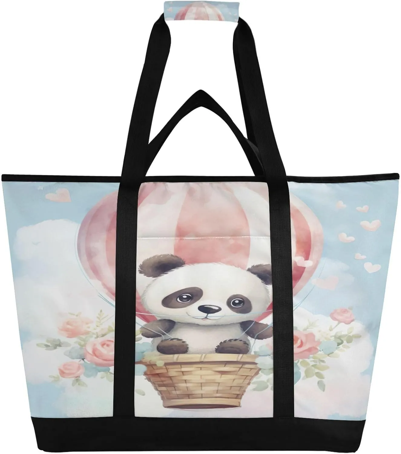 Panda Bear Tote Bag for Women with Zipper Reusable Grocery Bags Foldable Insulated Cooler Bag Shopping Bags Handbags Totes for Groceries Beach Travel Work Picnic