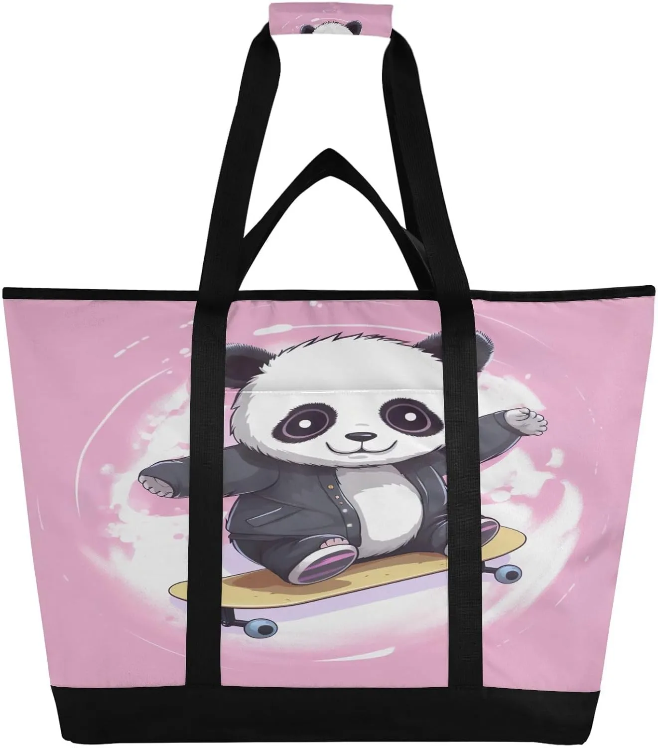 Panda Bear Tote Bag for Women with Zipper Reusable Grocery Bags Foldable Insulated Cooler Bag Shopping Bags Totes Handbags for Groceries Work Picnic Travel Beach