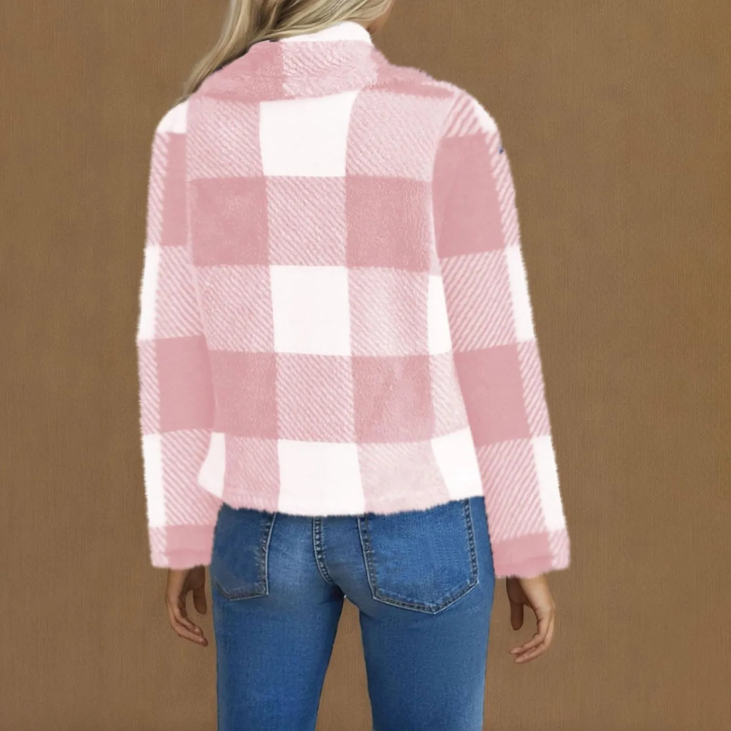 Pea Coats for Women Oversized Fleece Plaid Cardigan Long Sleeve Thermal Winter Jackets Casual Fit Outerwear