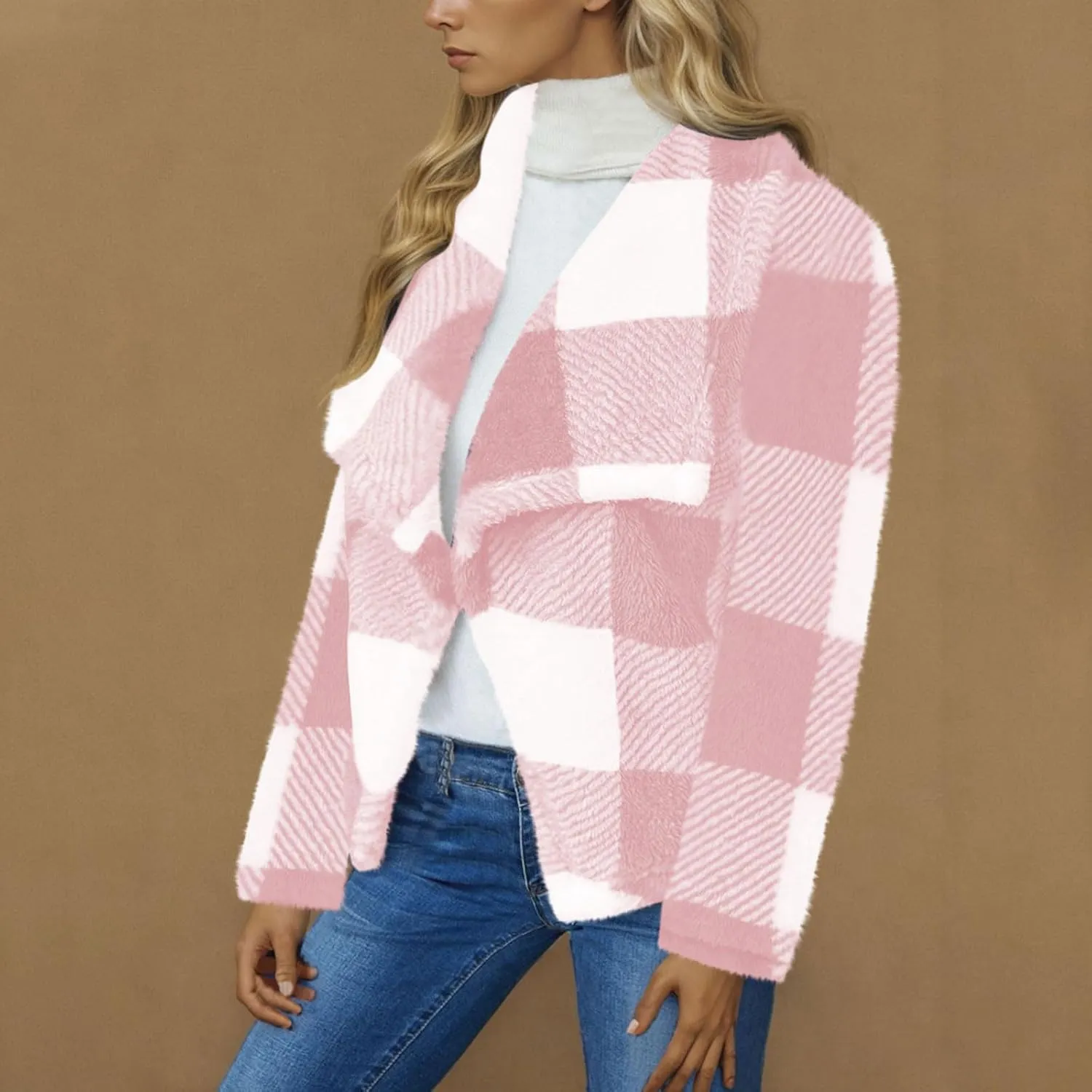 Pea Coats for Women Oversized Fleece Plaid Cardigan Long Sleeve Thermal Winter Jackets Casual Fit Outerwear