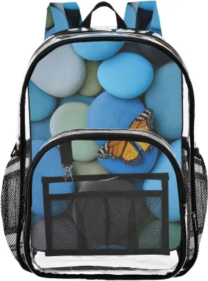 Pebbles and Butterfly Clear Backpack with Back Print, Heavy Duty See Through Backpacks PVC Transparent Daypack for Travel Security