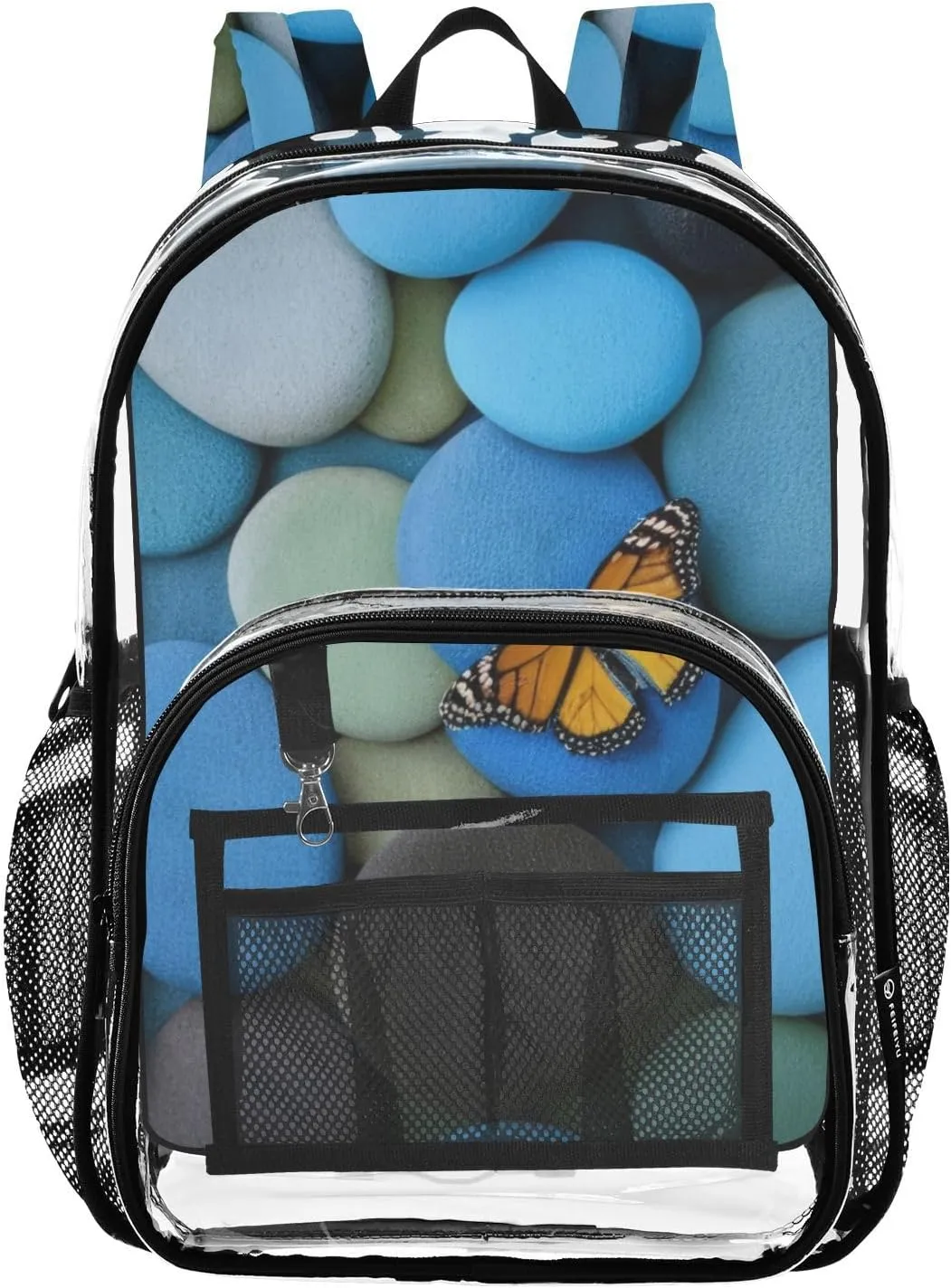 Pebbles and Butterfly Clear Backpack with Back Print, Heavy Duty See Through Backpacks PVC Transparent Daypack for Travel Security