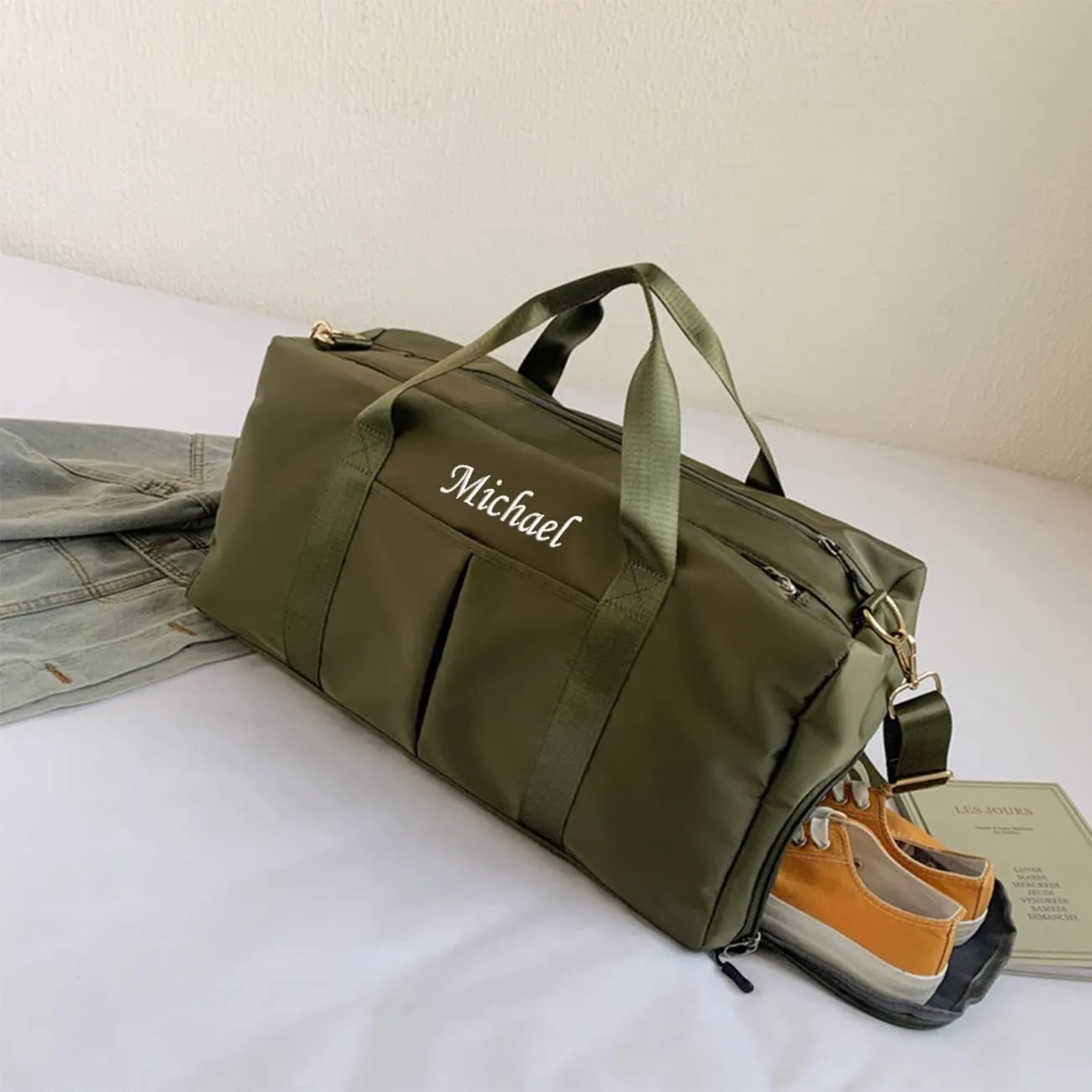 Personalized Duffel Bag Embroidered Sports Gym Bag Travel with Wet Dry Pockets & Shoe Compartment Gift For Groomsman,Bridesmaid (ArmyGreen)