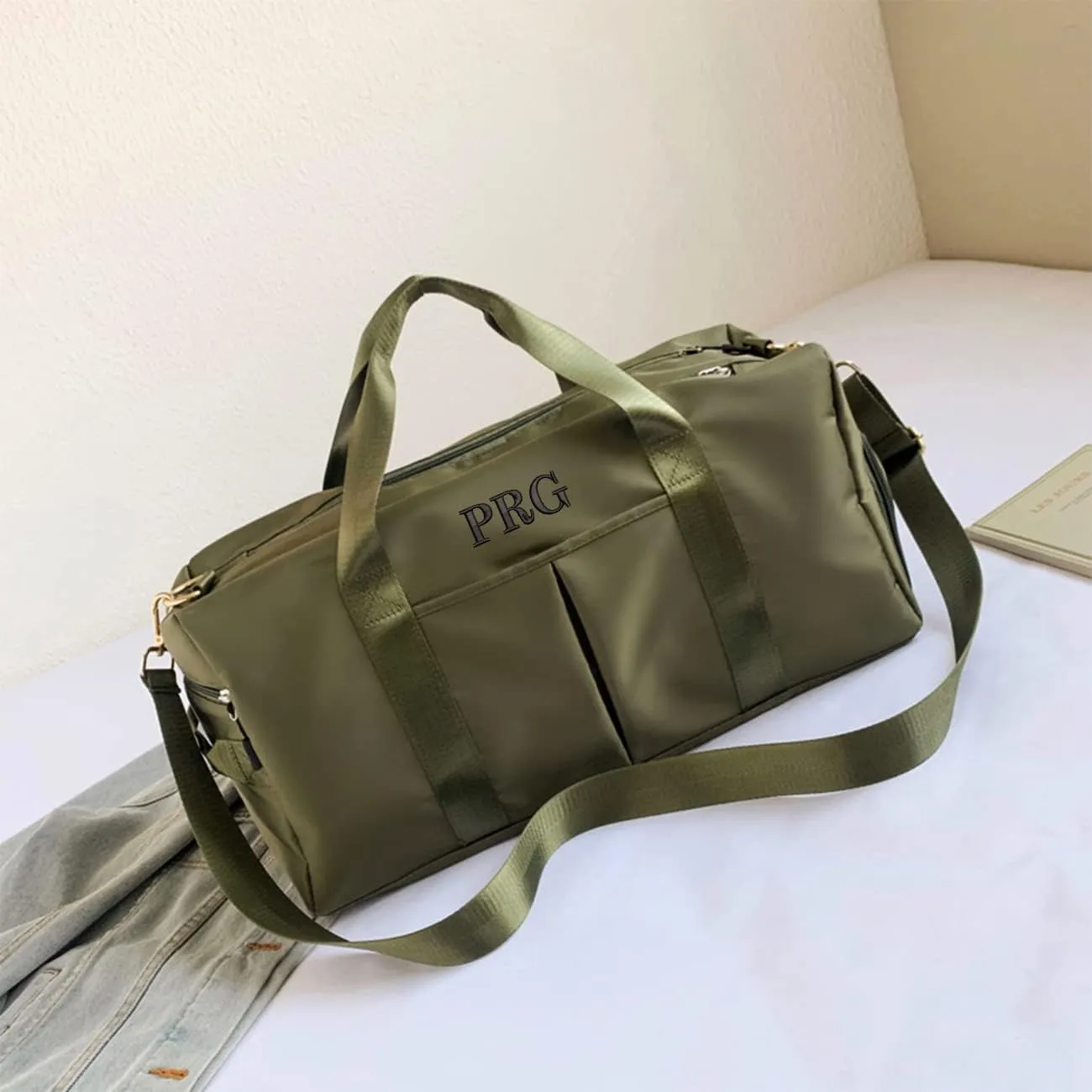 Personalized Duffel Bag Embroidered Sports Gym Bag Travel with Wet Dry Pockets & Shoe Compartment Gift For Groomsman,Bridesmaid (ArmyGreen)