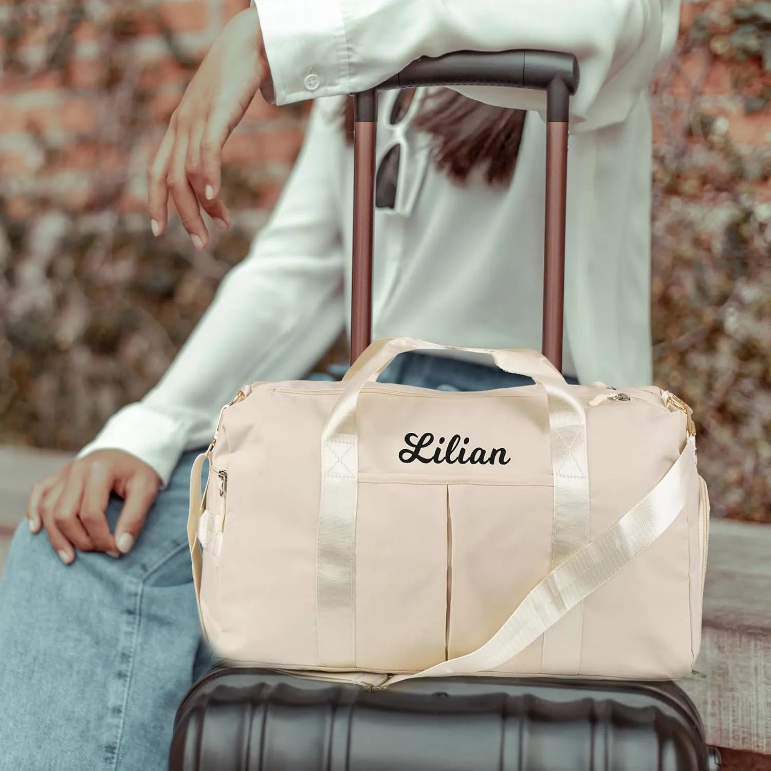 Personalized Travel Bag for Women, Bridesmaid Gift Bag, Weekender Bag with Embroidered Name, Monogram Overnight Duffle Bag with Shoe Compartment and Wet Pocket for Airplane,Gym,Dance,Overnight (Cream)