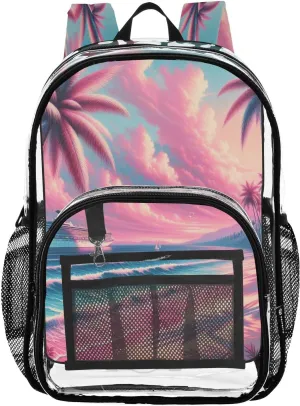 Pink Beach Cruise Ship Clear Backpack with Back Print, Heavy Duty See Through Backpacks PVC Transparent Daypack for Travel Security