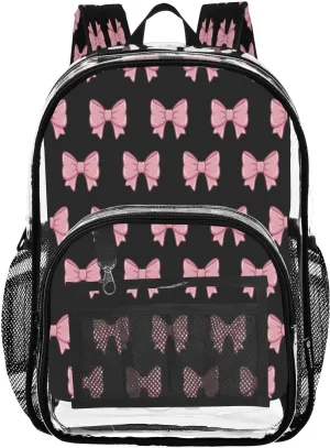 Pink Black Bows Clear Backpack with Back Print, Heavy Duty See Through Backpacks PVC Transparent Daypack for Travel Security