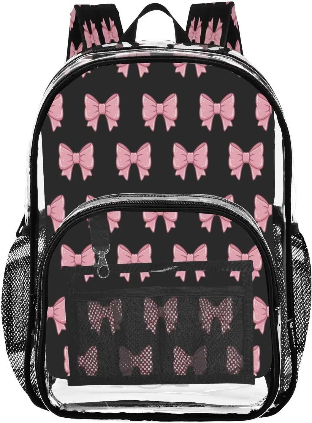 Pink Black Bows Clear Backpack with Back Print, Heavy Duty See Through Backpacks PVC Transparent Daypack for Travel Security