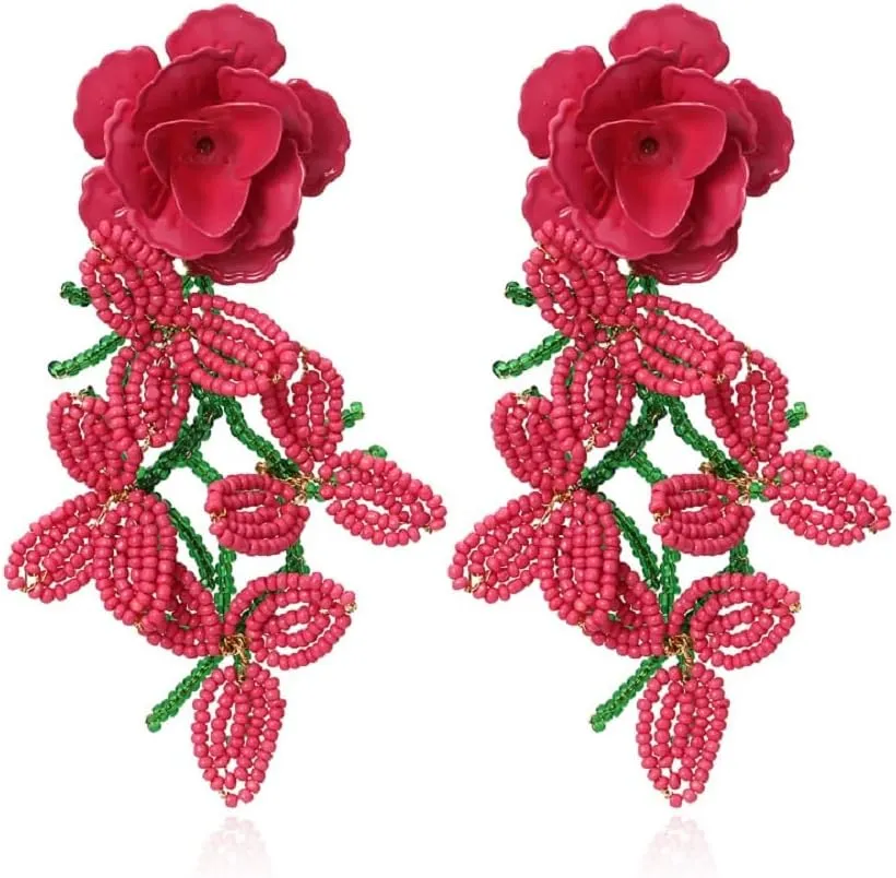 Plant Flower Earrings for Women, Braided Tassel Beaded Floral Statement Dangle Earrings, Hypoallergenic Cute Leaf Cluster Drop Earrings, Zinc, No Gemstone