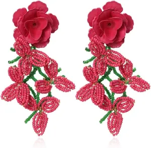Plant Flower Earrings for Women, Braided Tassel Beaded Floral Statement Dangle Earrings, Hypoallergenic Cute Leaf Cluster Drop Earrings, Zinc, No Gemstone