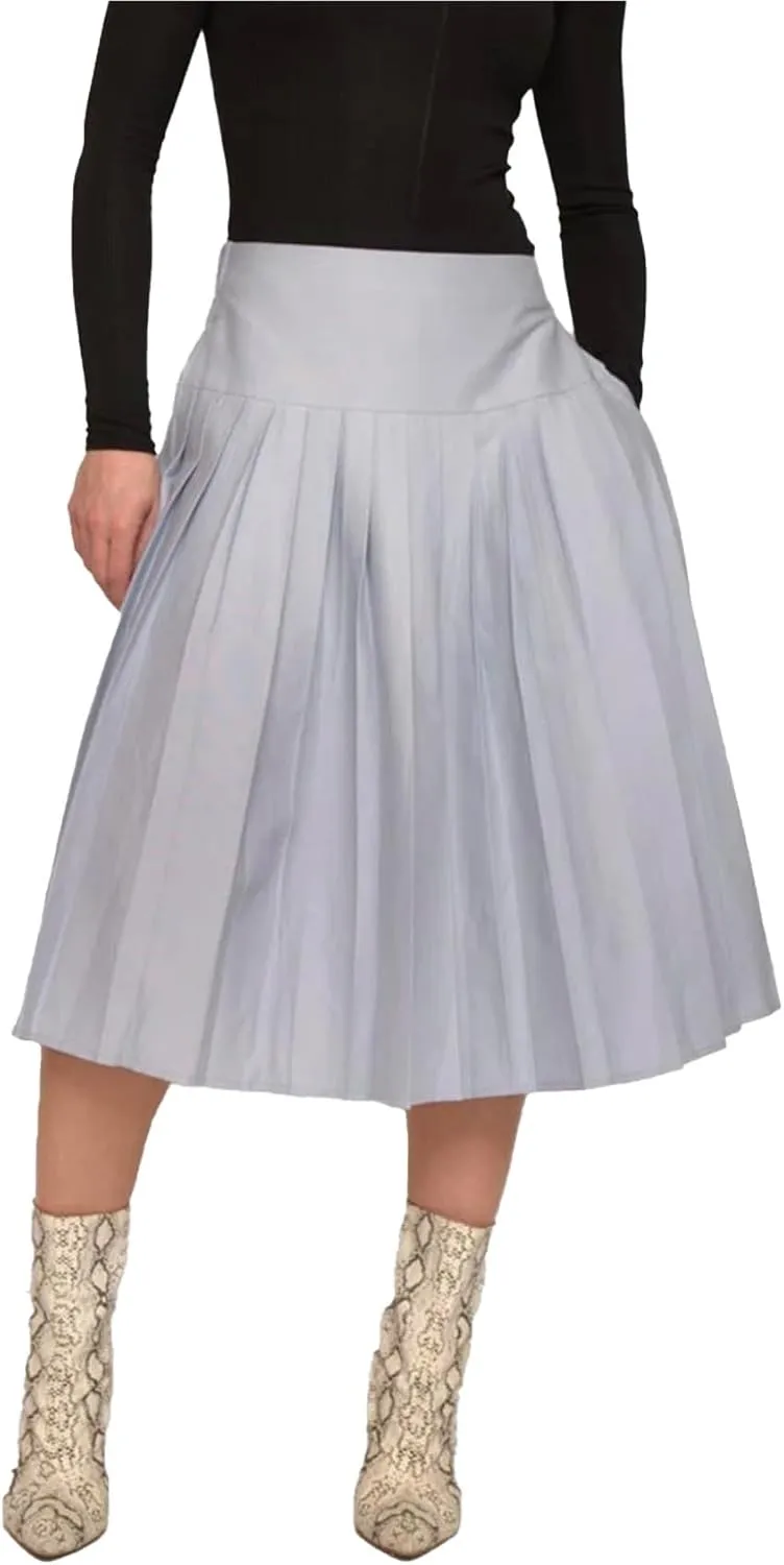 Pleated Midi Skirt with Pockets, High Waist A-Line, Side Zipper, in Black and Blue