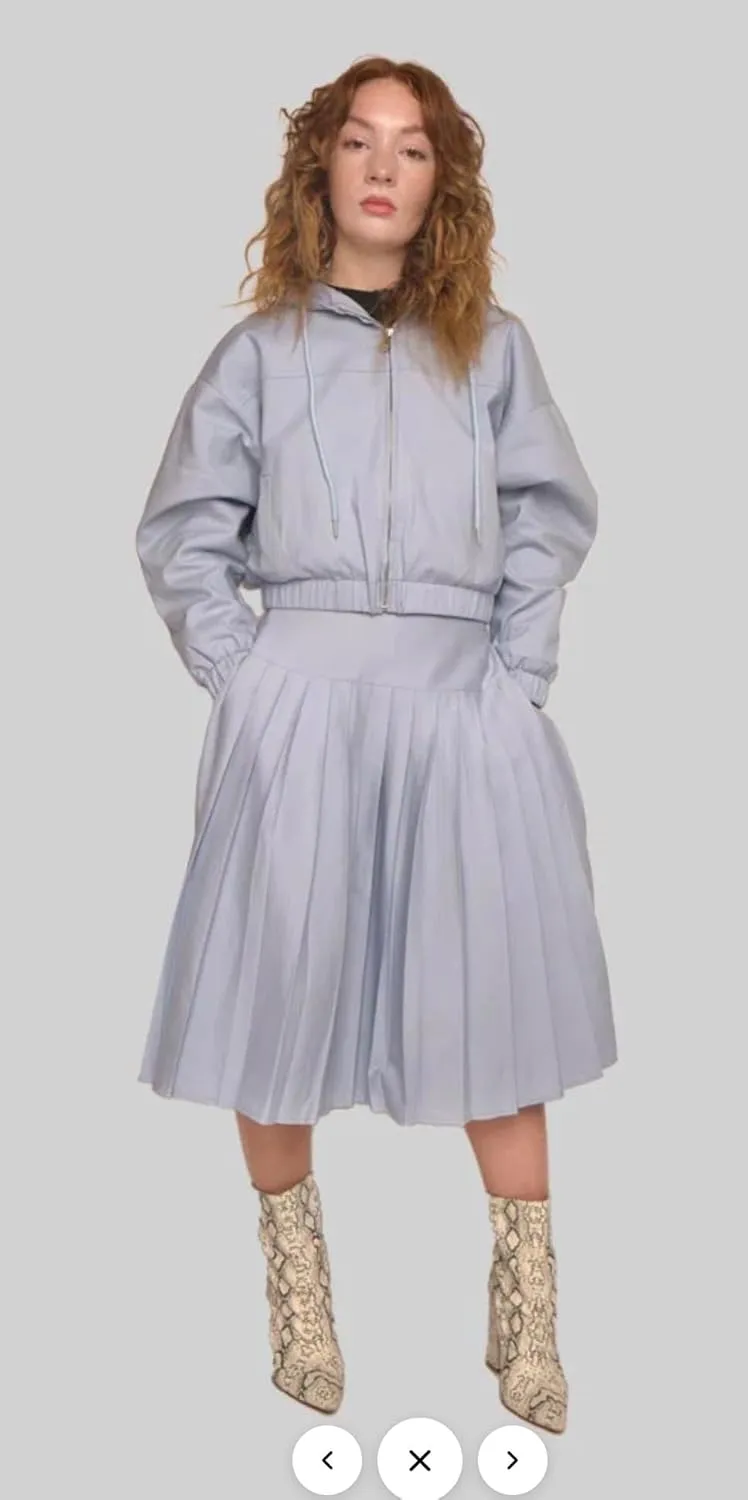 Pleated Midi Skirt with Pockets, High Waist A-Line, Side Zipper, in Black and Blue