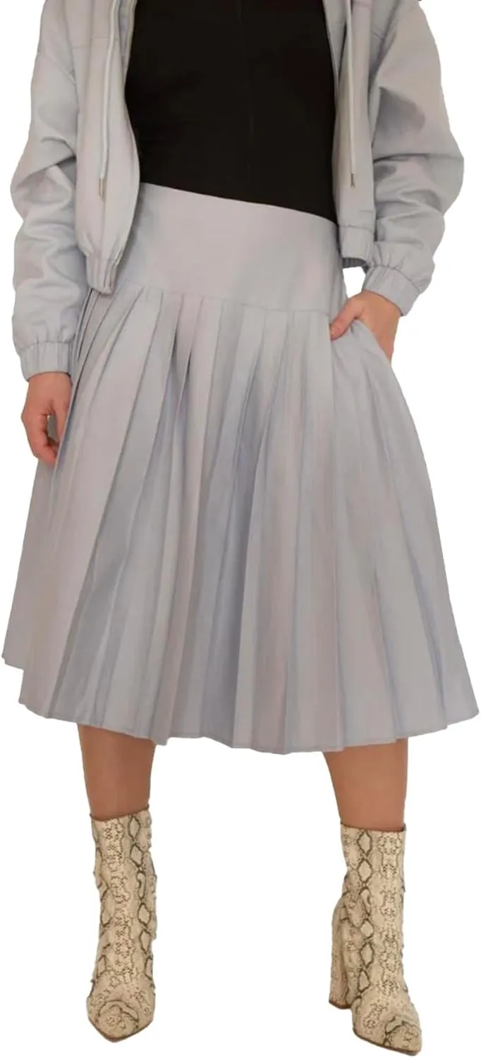 Pleated Midi Skirt with Pockets, High Waist A-Line, Side Zipper, in Black and Blue