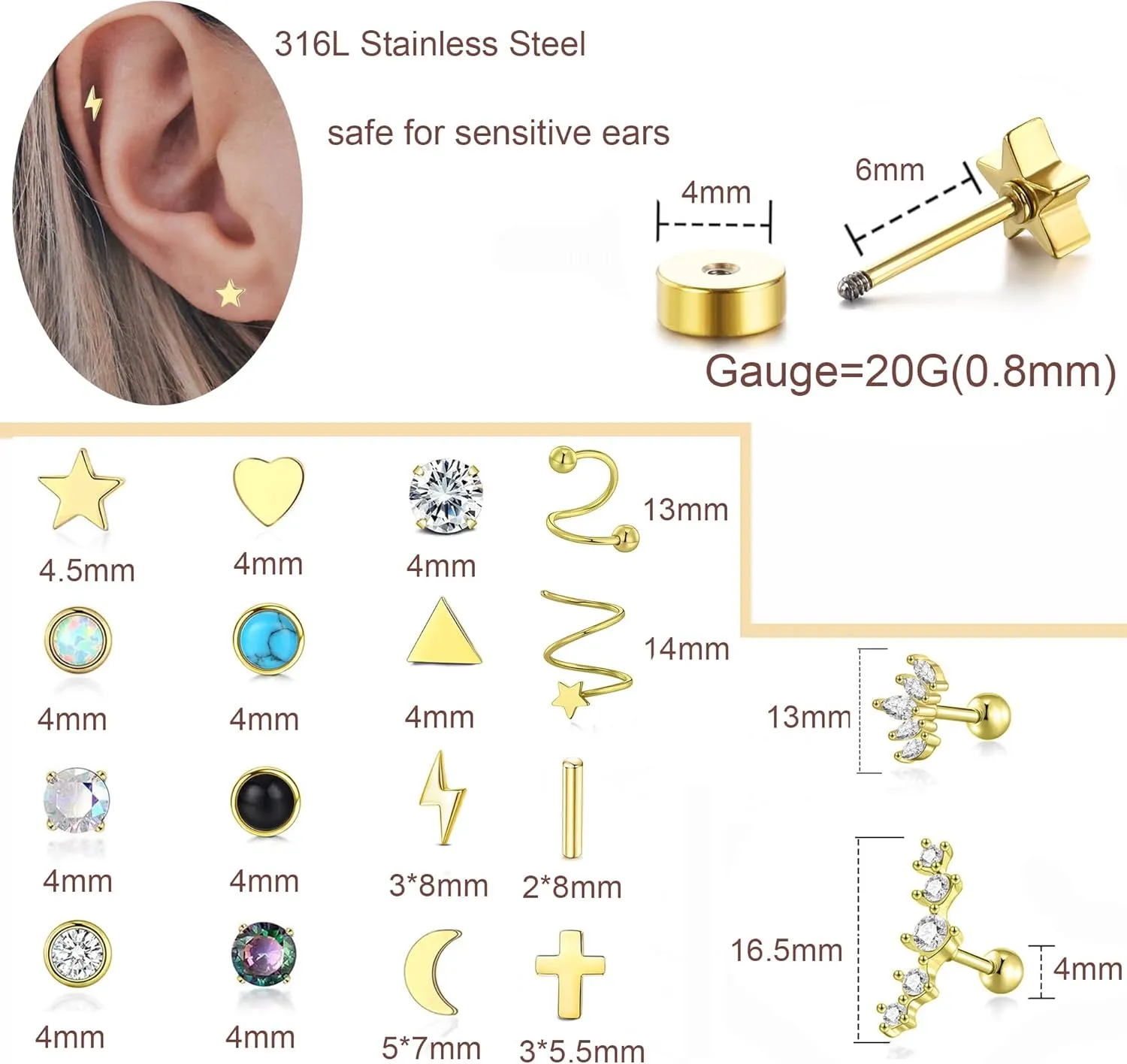 PLOMFOV 20G Stainless Steel Stud Earrings for Women Men CZ Heart Star Moon Flat Back Earrings Cartilage Earrings Stud Hoops Helix Tragus Daith Earrings Piercing Jewelry