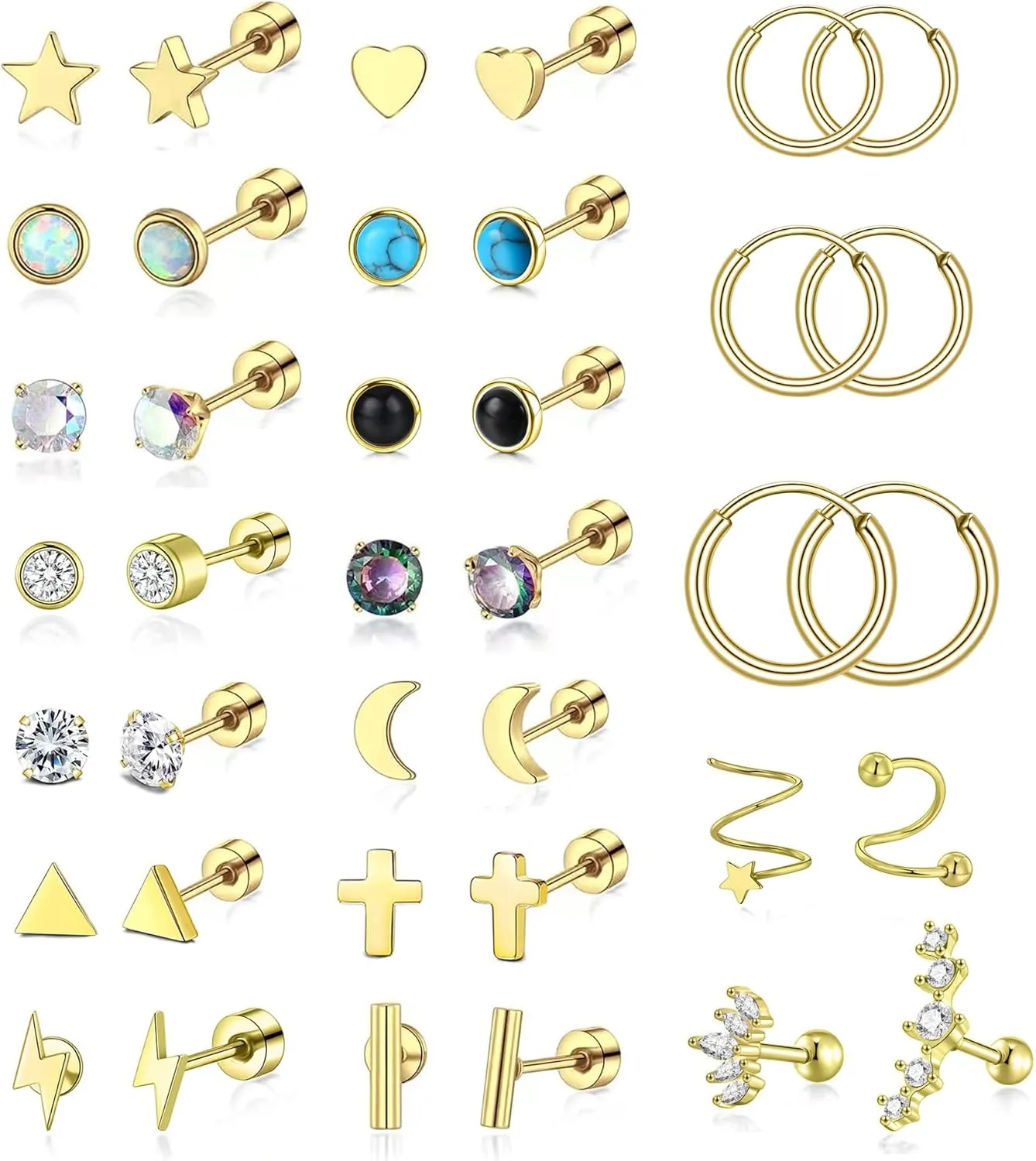 PLOMFOV 20G Stainless Steel Stud Earrings for Women Men CZ Heart Star Moon Flat Back Earrings Cartilage Earrings Stud Hoops Helix Tragus Daith Earrings Piercing Jewelry