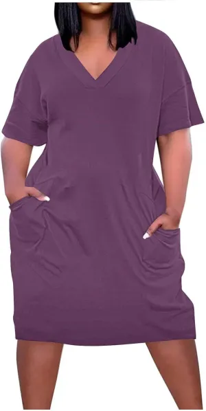 Plus Size Dresses for Women Oversize T Shirt Midi Dress V Neck Short Sleeve Summer Swing Flowy Dress A Line Dress