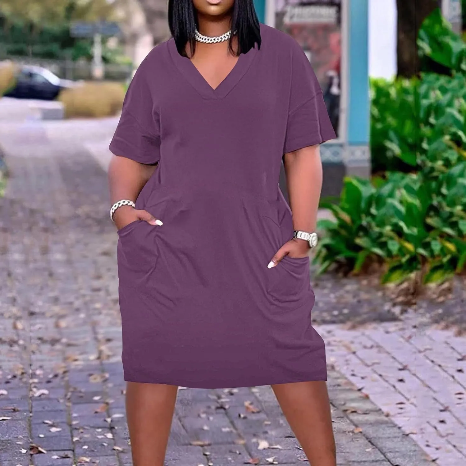 Plus Size Dresses for Women Oversize T Shirt Midi Dress V Neck Short Sleeve Summer Swing Flowy Dress A Line Dress
