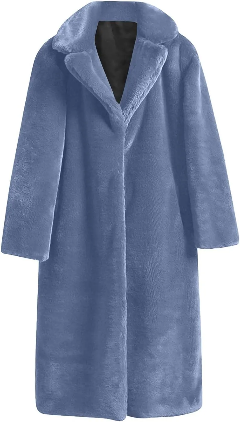 Plus Size Faux Fur Jackets for Women Winter Warm Thermal Shaggy Coats Long Sleeve Notched Lapel Collar Cozy Outwear