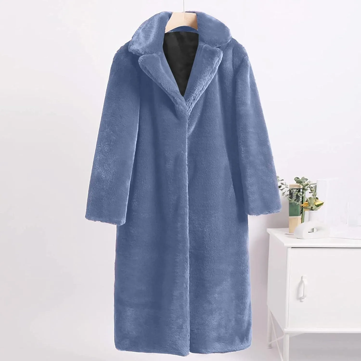 Plus Size Faux Fur Jackets for Women Winter Warm Thermal Shaggy Coats Long Sleeve Notched Lapel Collar Cozy Outwear