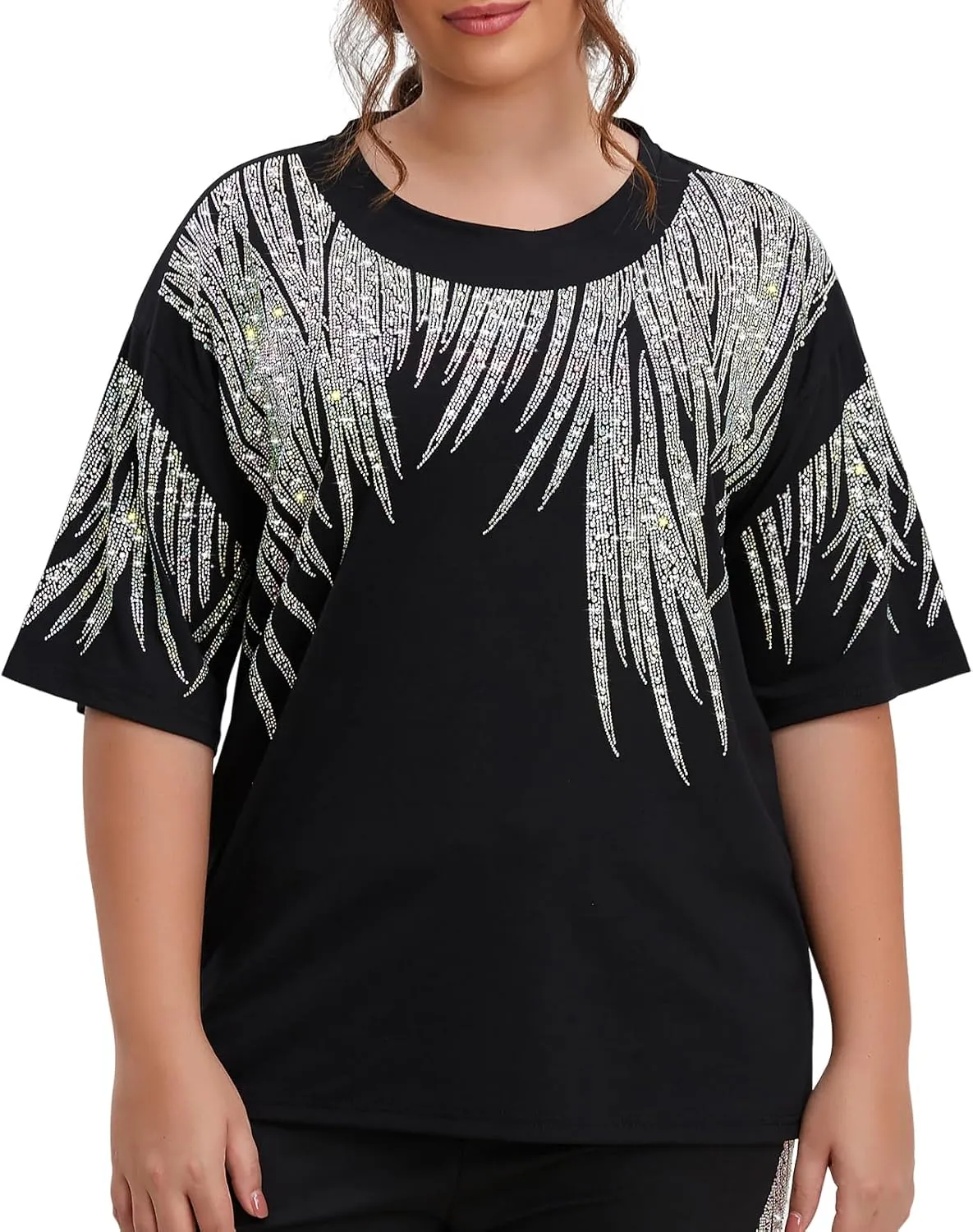 Plus Size Tops Short Sleeve Oversized Graphic Tees for Women Men Summer Rhinestones Shirts Loose Fit Unisex