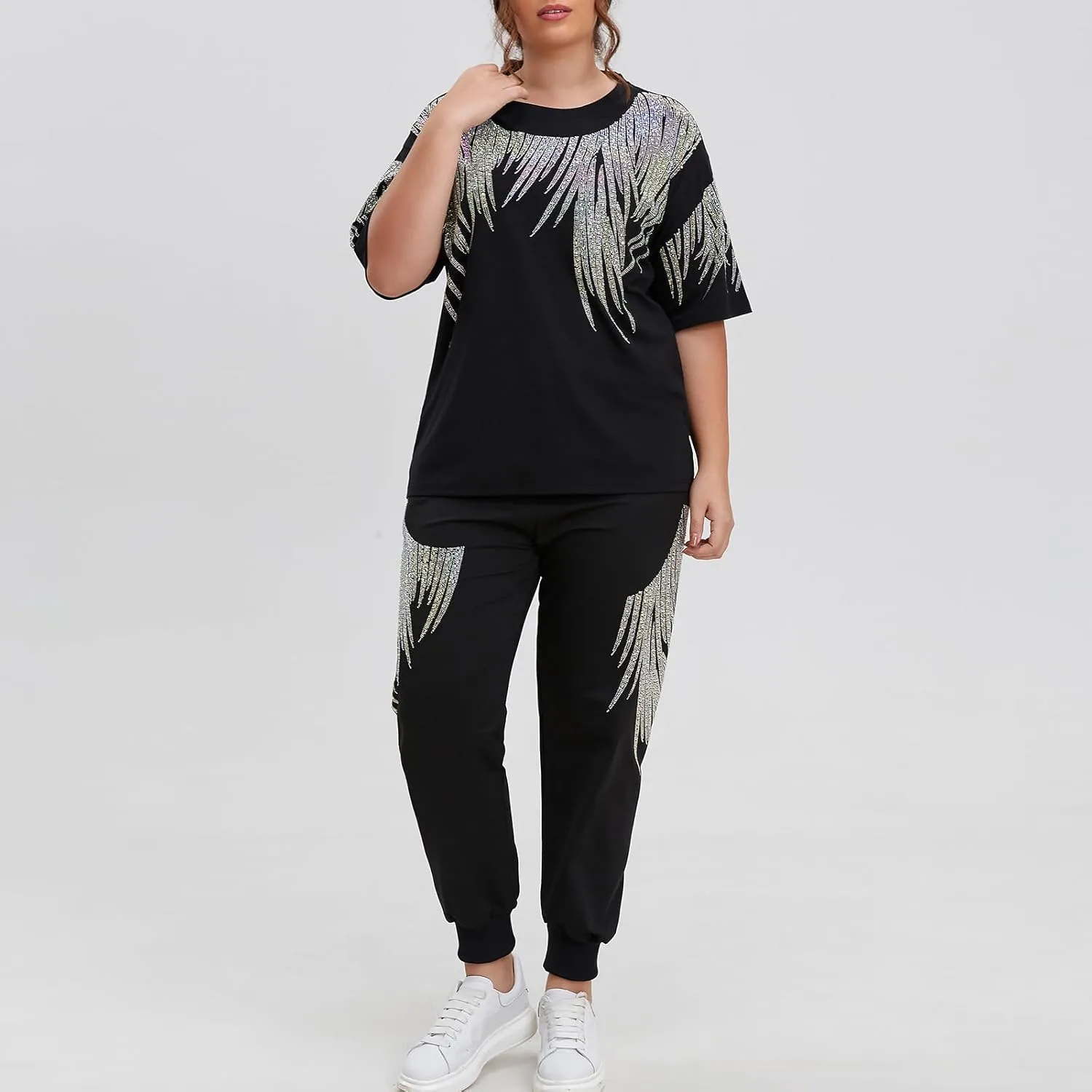 Plus Size Tops Short Sleeve Oversized Graphic Tees for Women Men Summer Rhinestones Shirts Loose Fit Unisex