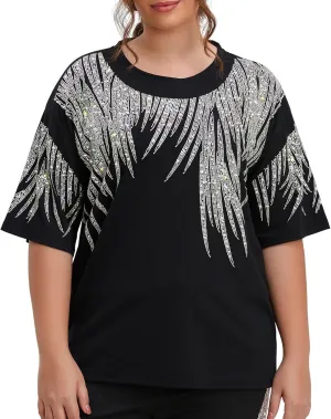 Plus Size Tops Short Sleeve Oversized Graphic Tees for Women Men Summer Rhinestones Shirts Loose Fit Unisex