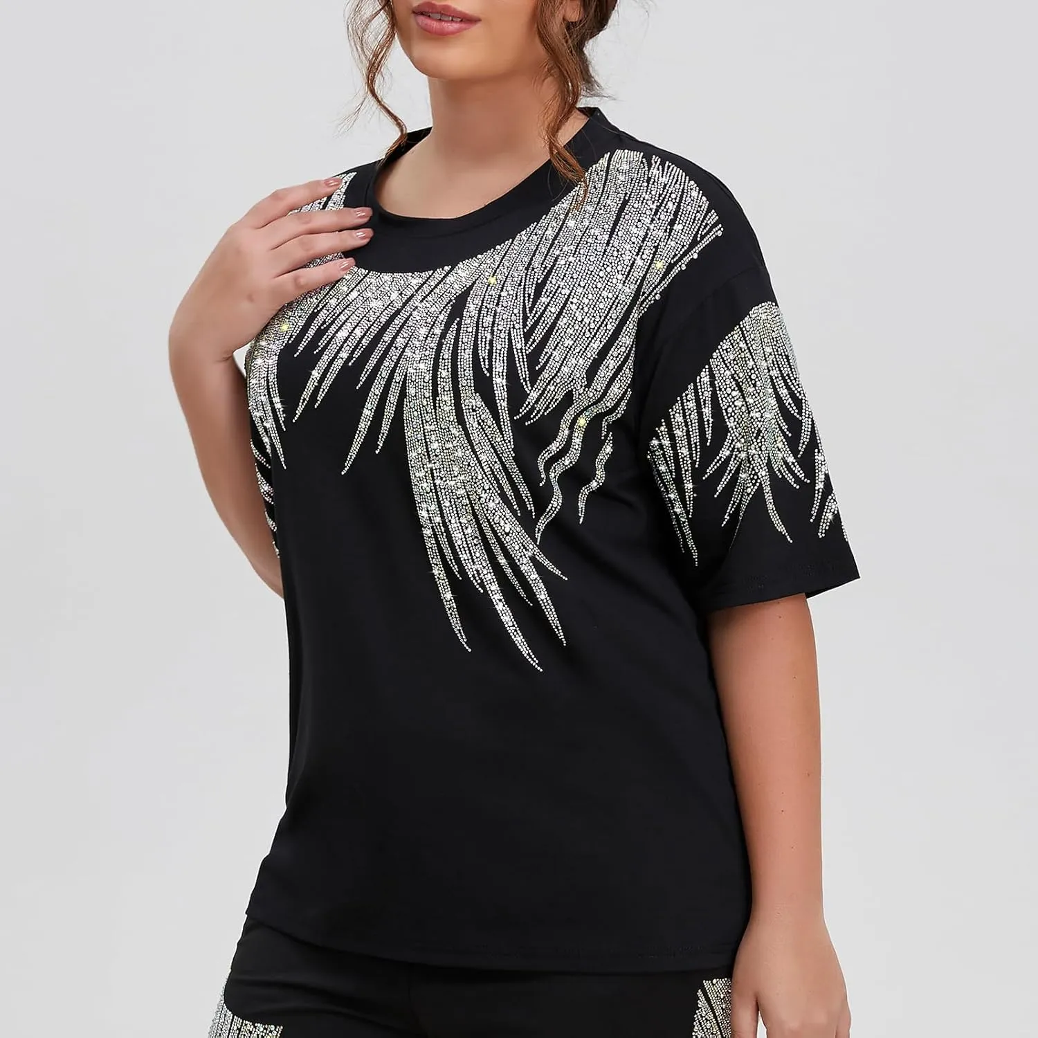 Plus Size Tops Short Sleeve Oversized Graphic Tees for Women Men Summer Rhinestones Shirts Loose Fit Unisex