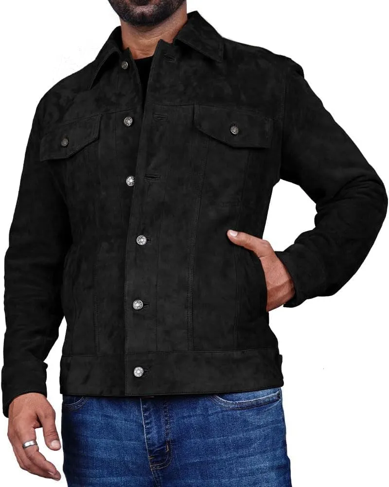 Premium Vintage Trucker Suede Leather Jacket Men Genuine Lambskin Men Leather Jackets Shirt Collar Jackets For Mens