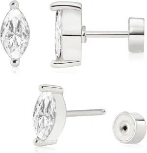 Push-in Flat Back Earrings, Hypoallergenic 14K Gold Plated Marquise Cubic Zirconia Stud Earrings | Cartilage Earring | Tragus Helix Piercing Jewelry | Threadless Push in Flatback Nap Earrings for Women Men